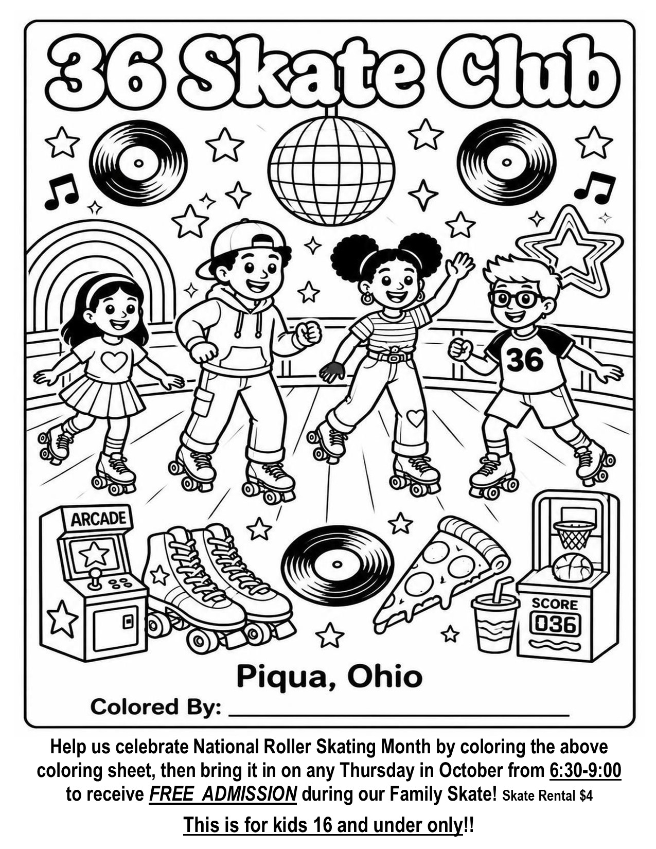 36 Skate Club coloring page for National Roller Skating Month
